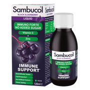 Sambucol Black Elderberry Immuno Forte liquid bottle and packaging on a white background