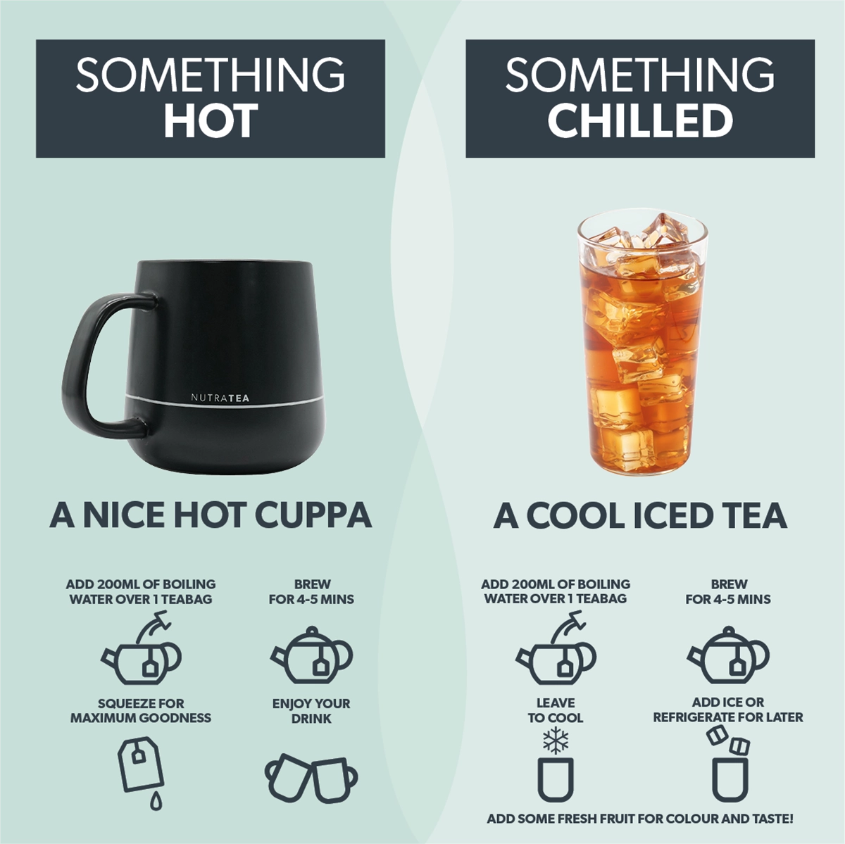 Natruea mug and iced tea glass with brewing instructions on a light blue background