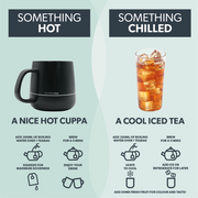 Natruea mug and iced tea glass with brewing instructions on a light blue background