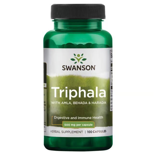 Front: Bottle of Swanson Triphala 500mg capsules, 100 count, Ayurvedic blend.