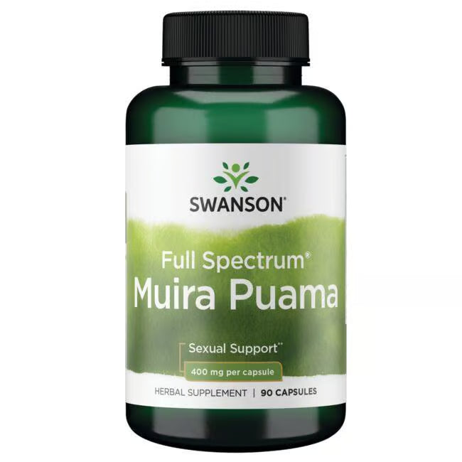 Front: Bottle of Swanson Full Spectrum Muira Puama 400 mg, 90 capsules.