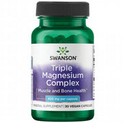 Front: Bottle of Swanson Triple Magnesium Complex 400 mg, 30 vegan capsules.