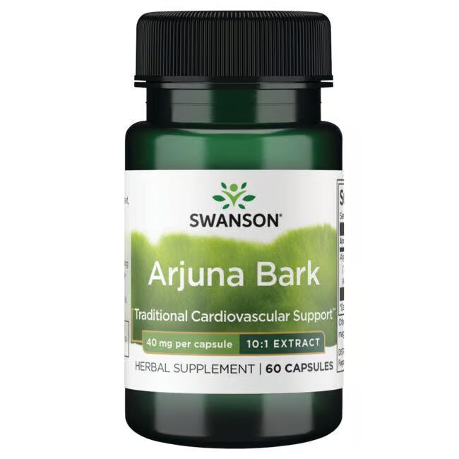 Front: Bottle of Swanson Arjuna Bark 10:1 Extract, 40 mg per capsule, 60 count.