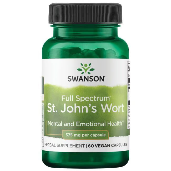 Front: Bottle of Swanson Full Spectrum St. John's Wort 375 mg, 60 vegan capsules.