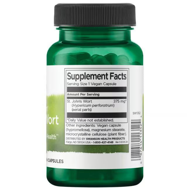 Back: Supplement facts label for St. John's Wort botanical showing ingredient source.