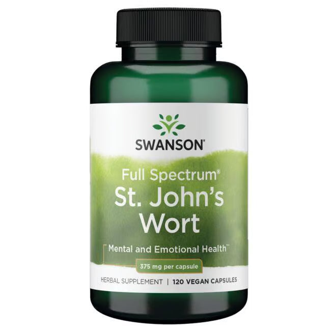 Front: Bottle of Swanson Full Spectrum St. John's Wort 375 mg, 120 vegan capsules.