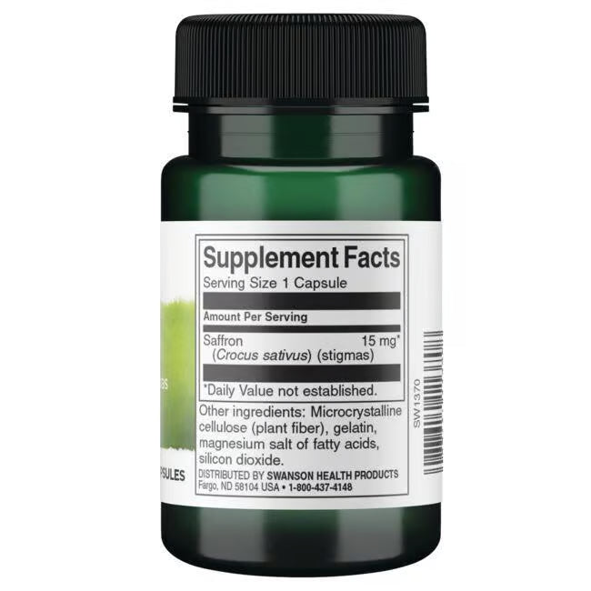 Back of Swanson Saffron bottle showing supplement facts.
