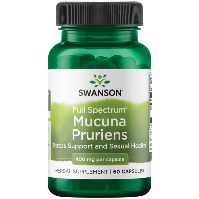 Front: Bottle of Swanson Full Spectrum Mucuna Pruriens 400 mg, 60 capsules.