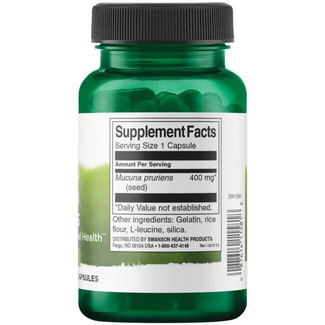 Back: Supplement facts label for Mucuna Pruriens velvet bean supplement.