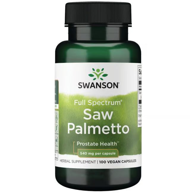 Swanson Saw Palmetto Capsules supplement bottle in a white background.