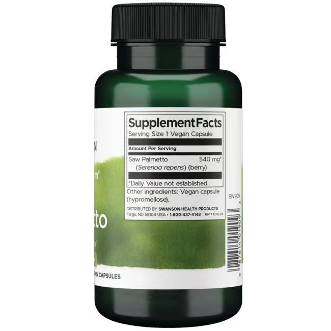 Swanson Saw Palmetto Capsules supplement facts. Bottle in a white background.