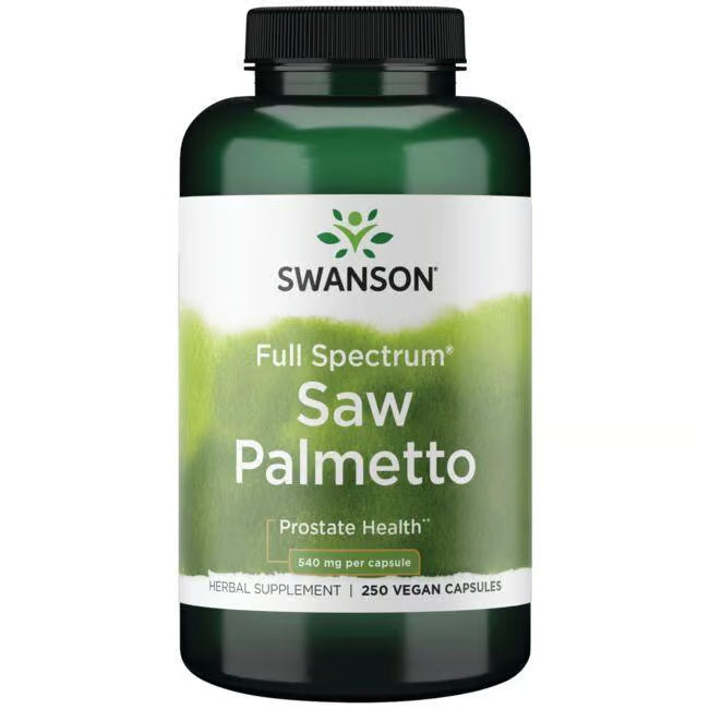 Swanson Saw Palmetto Capsules supplement bottle in a white background.