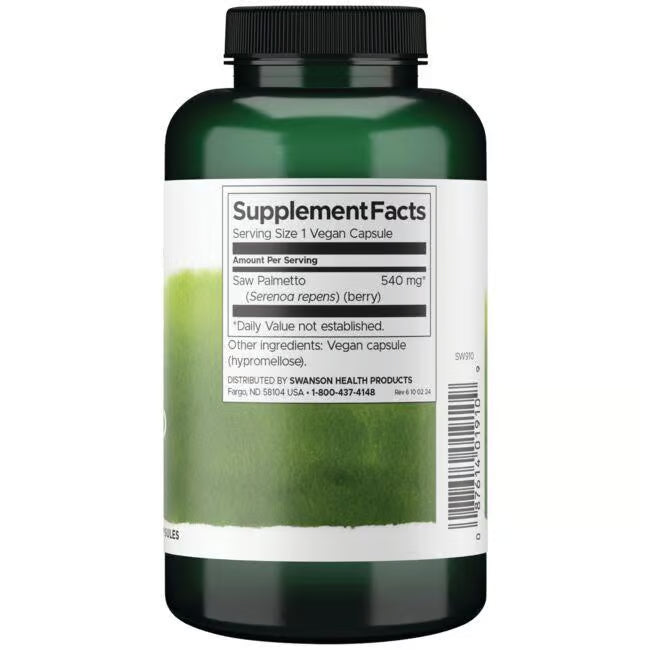 Swanson Saw Palmetto Capsules supplement facts. Bottle in a white background.