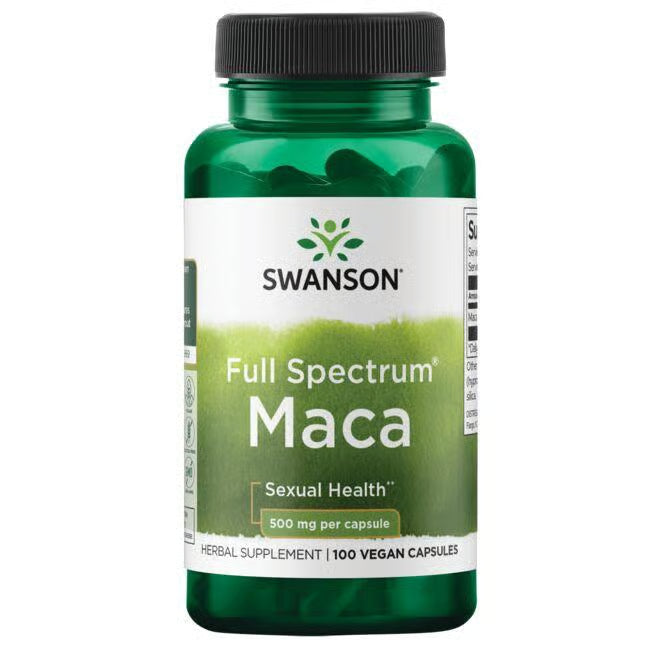 Front: Bottle of Swanson Full Spectrum Maca 500mg, 100 vegan capsules.