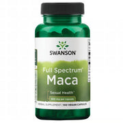 Front: Bottle of Swanson Full Spectrum Maca 500mg, 100 vegan capsules.