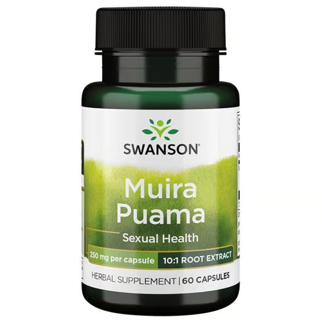 Front: Bottle of Swanson Muira Puama 10:1 Root Extract, 250 mg, 60 capsules.