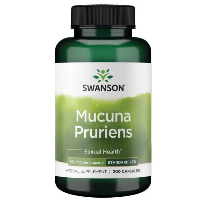 Front: Bottle of Swanson Mucuna Pruriens Extract 350 mg, 200 capsules.