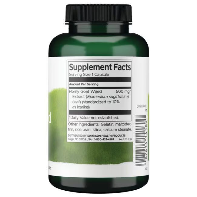 Supplement bottle with label showing 'Horny Goat Weed' on a white background