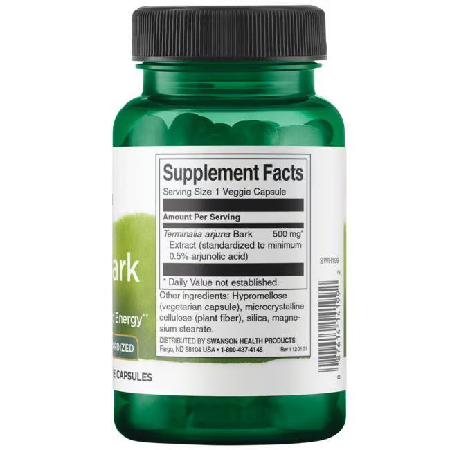 Back: Supplement facts label for standardized Arjuna extract showing arjunolic acid content.
