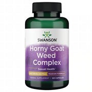 Front: Bottle of Swanson herbal supplement complex with Epimedium, Tribulus and Maca, 120 capsules.
