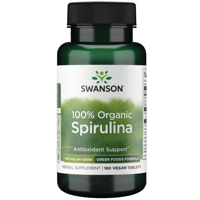 Front: Bottle of Swanson 100% Organic Spirulina 500 mg, 180 vegan tablets.