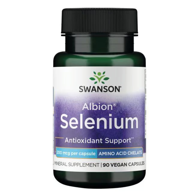 Front: Bottle of Swanson Albion Selenium Glycinate 200 mcg vegan capsules, 90 count.
