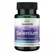 Front: Bottle of Swanson Albion Selenium Glycinate 200 mcg vegan capsules, 90 count.