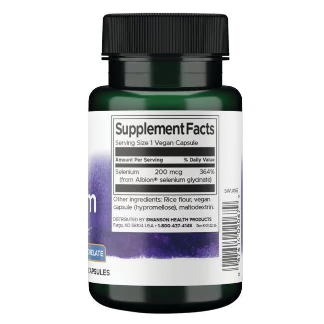 Back: Supplement facts label for Swanson Selenium showing ingredients and usage.