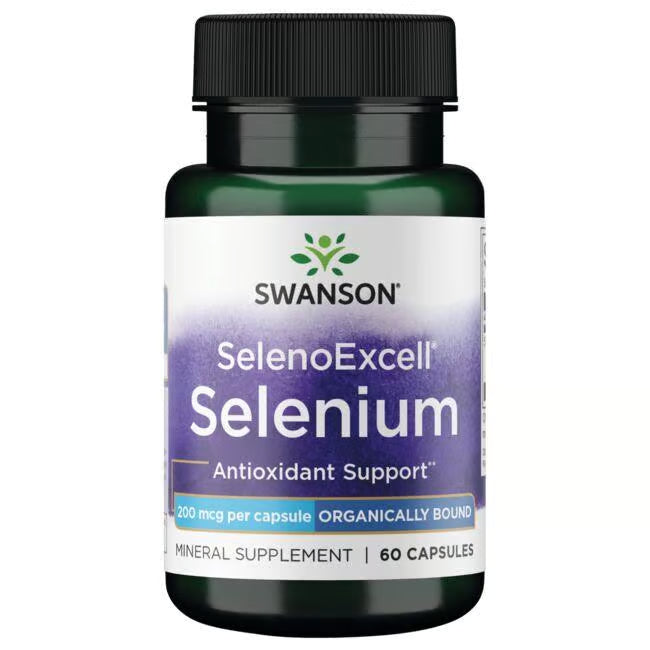 Front: Bottle of Swanson SelenoExcell Selenium 200 mcg, 60 capsules.