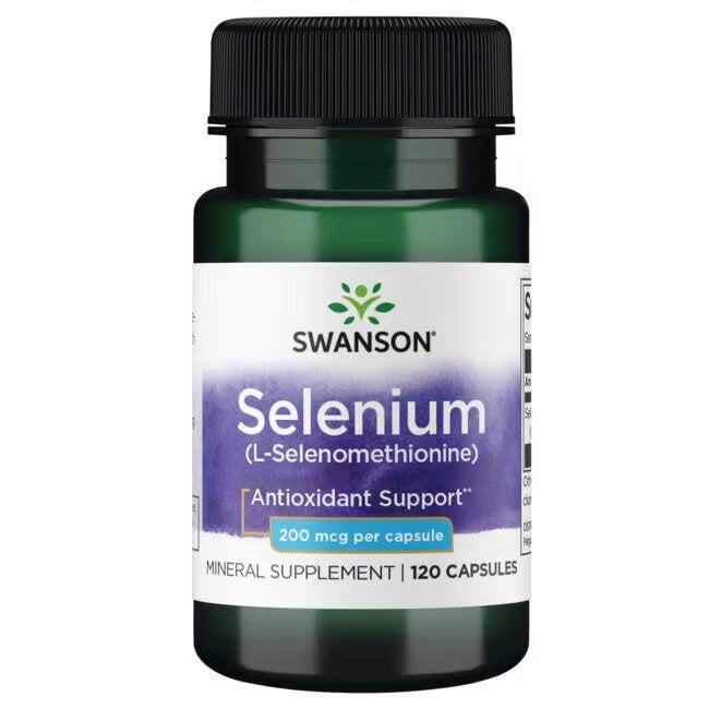 Front: Bottle of Swanson Selenium L-Selenomethionine 200 mcg, 120 capsules.