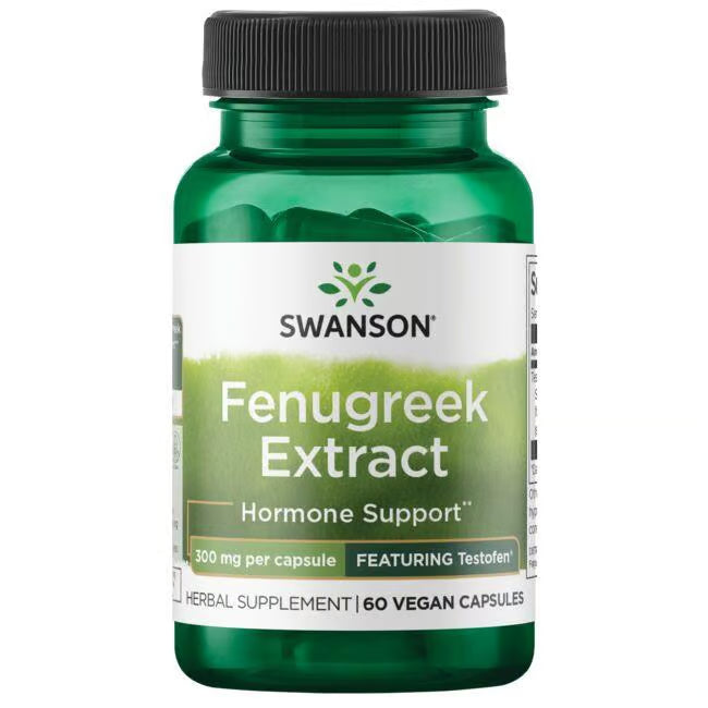 Front: Bottle of Swanson Fenugreek Extract with Testofen® 300 mg, 60 vegan capsules.