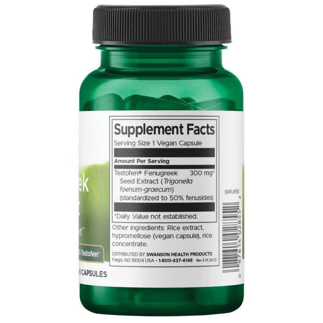 Back: Supplement facts label for Testofen® fenugreek extract showing standardization.