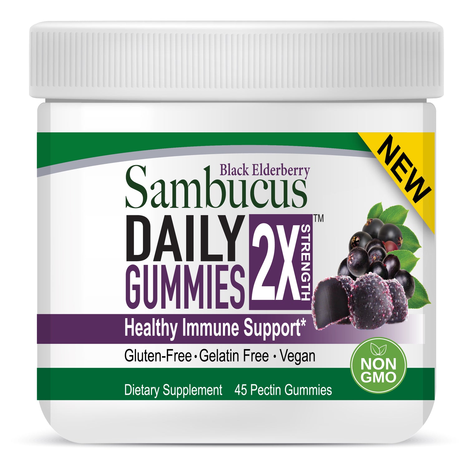 Sambucus Daily Gummies 2X Strength dietary supplement container on a white background