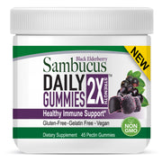 Sambucus Daily Gummies 2X Strength dietary supplement container on a white background