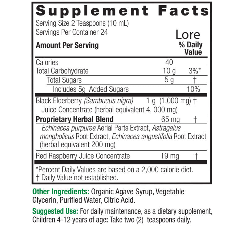 Supplement facts label for a product called 'Lore' with nutritional information and usage instructions.