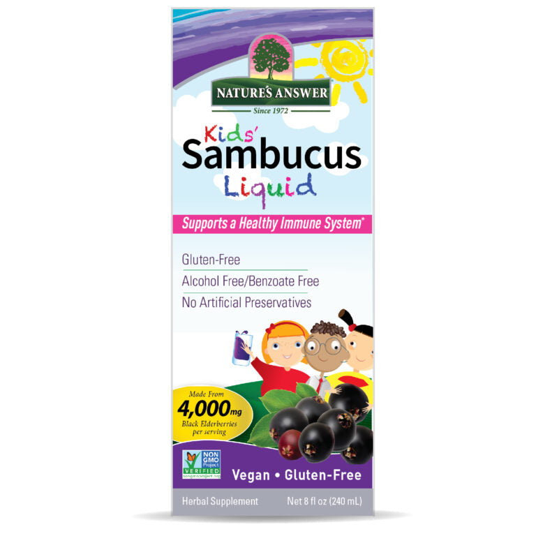 Nature's Answer Kids' Sambucus Liquid supplement packaging on a white background