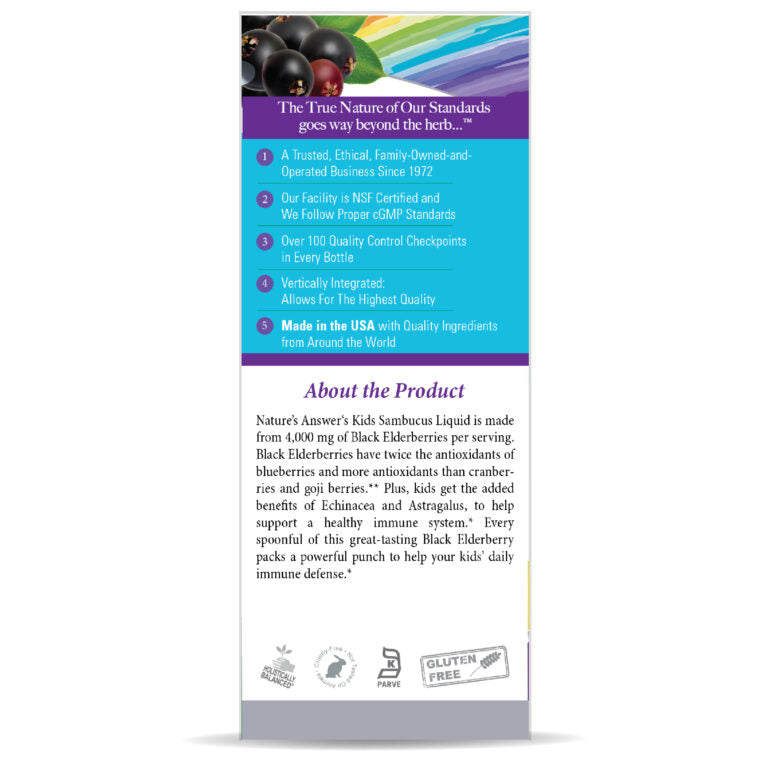 Product label with text and images of black elderberries on a white background