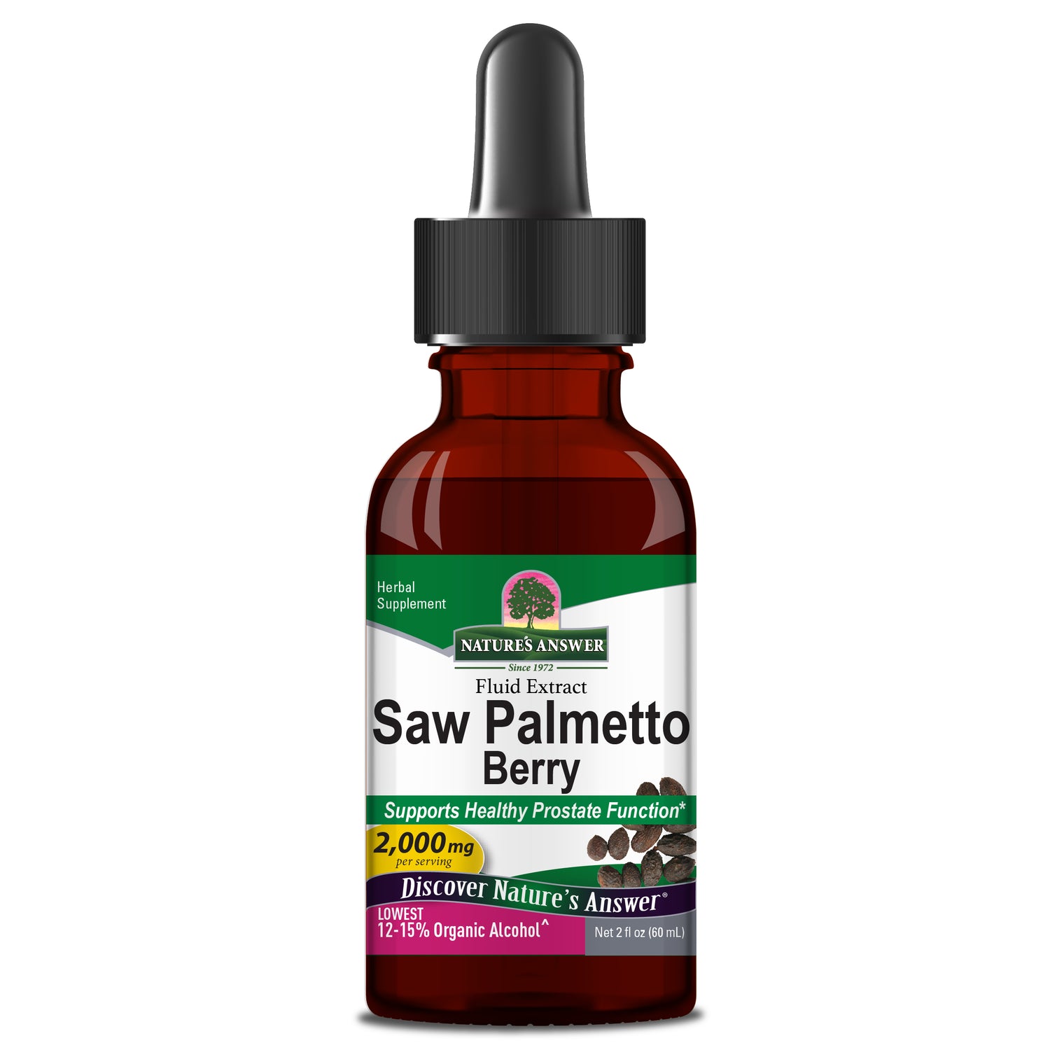 Saw Palmetto Berry supplement bottle with dropper on a white background