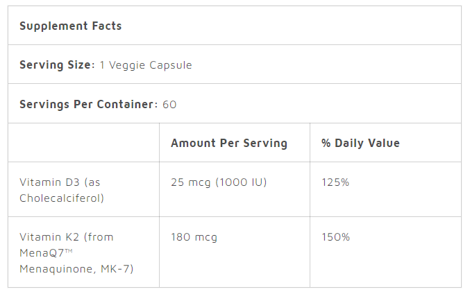 Doctor's Best Natural Vitamin K2 MK-7 with MenaQ7 plus Vitamin D3, 180 mcg, 60 Veggie Caps