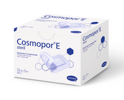  Sealed box of Cosmopor E Sterile Adhesive Wound Dressings, 7.2 x 5 cm, pack of 50 on white background.