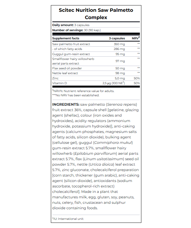 Supplement facts panel for Scitec Saw Palmetto Complex showing herbal blend and ingredients.