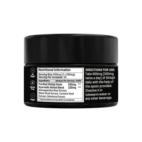 Supplement facts label for The Good Guru Shilajit Gold Resin with Ayurvedic Herbal Blend, 30g.