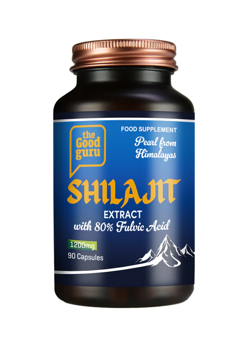 The Good Guru Pearl Shilajit Extract 80% Fulvic Acid bottle, 90 capsules, on white background.