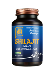 The Good Guru Pearl Shilajit Extract 80% Fulvic Acid bottle, 90 capsules, on white background.