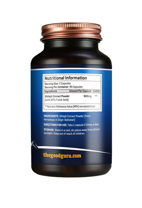 Supplement facts label for The Good Guru Shilajit Extract capsules showing 80% Fulvic Acid, 90 count.