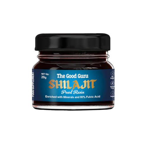 The Good Guru Purified Shilajit Resin in a 20g glass jar on a white background.