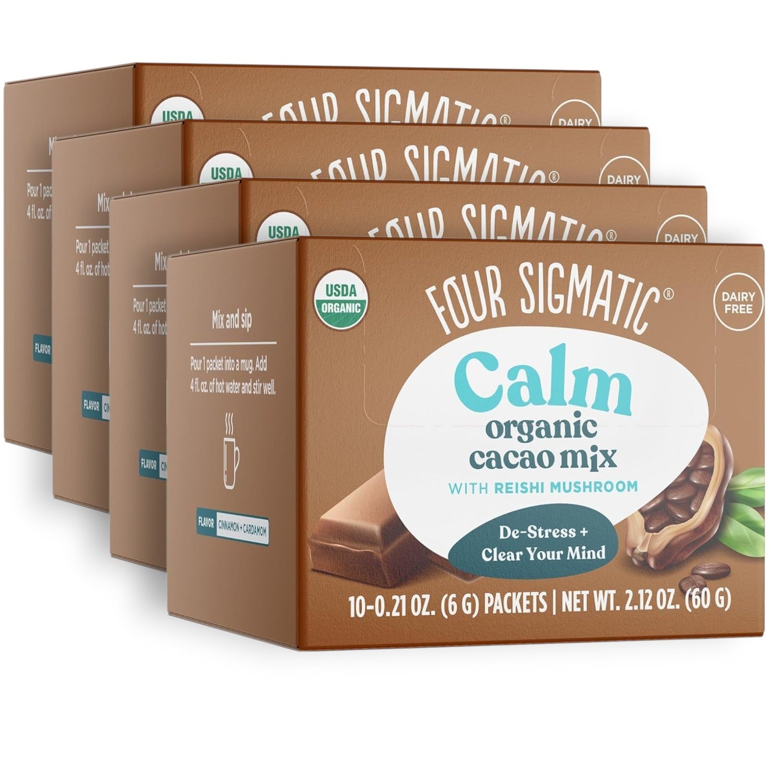 Four Sigmatic Organic Cacao with Reishi Mix 40 packets front packaging on white background