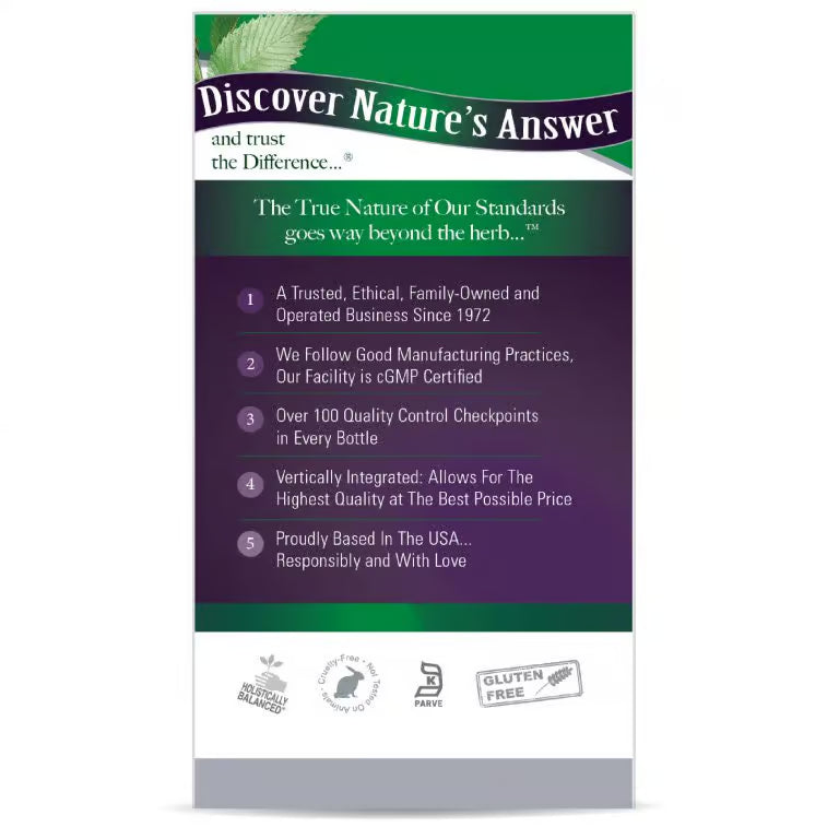 Product packaging with 'Discover Nature's Answer' branding and quality assurance information.