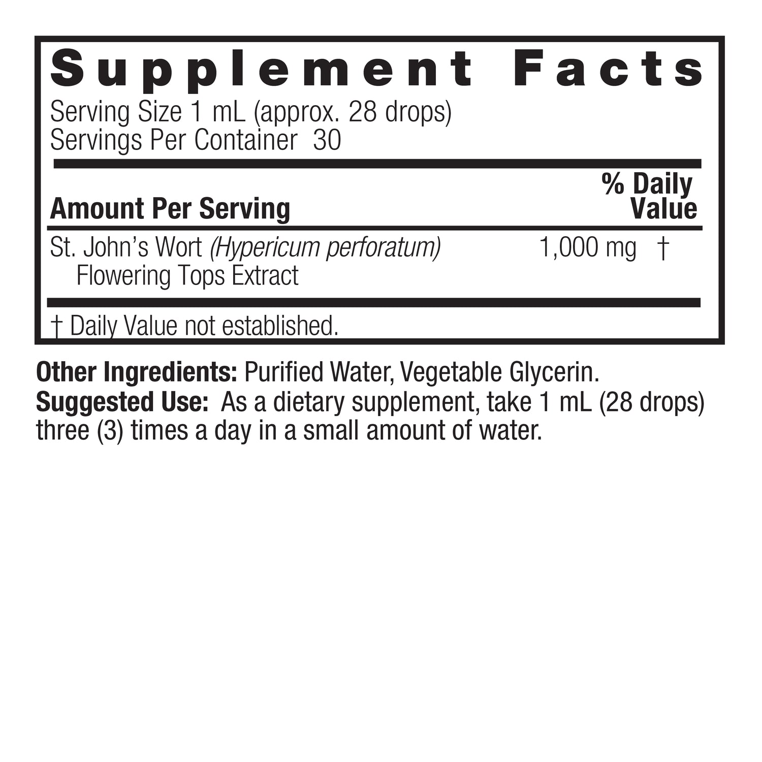 Supplement facts label for St. John's Wort extract on a white background