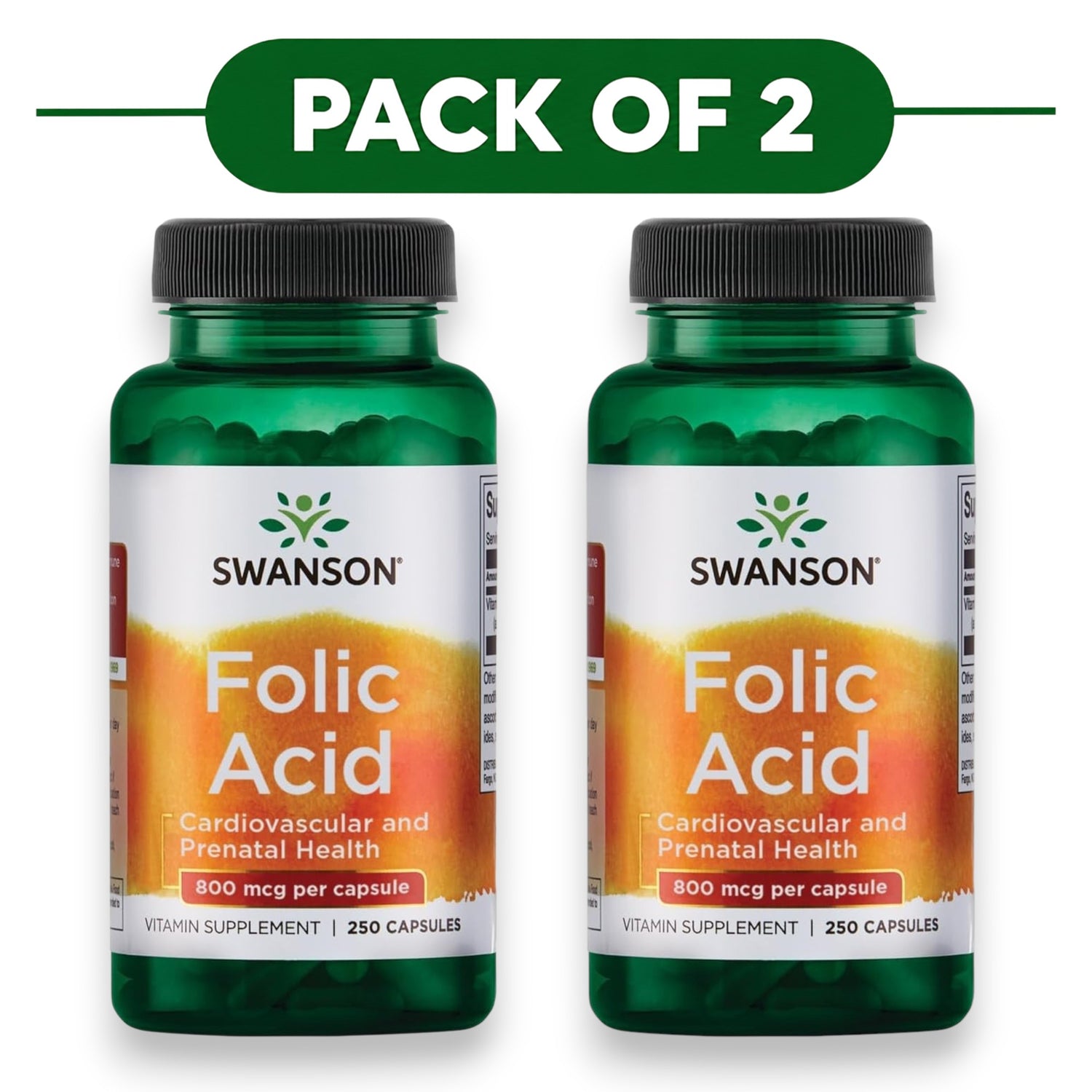 Swanson Folic Acid 800mcg 250 Capsules Pack of 2